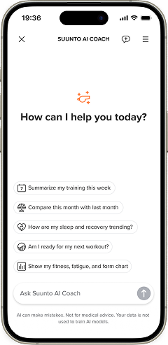 Suunto AI Coach with suggested questions and a field to ask your own question