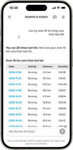 Suunto AI Coach presenting a comparison of runs in a table
